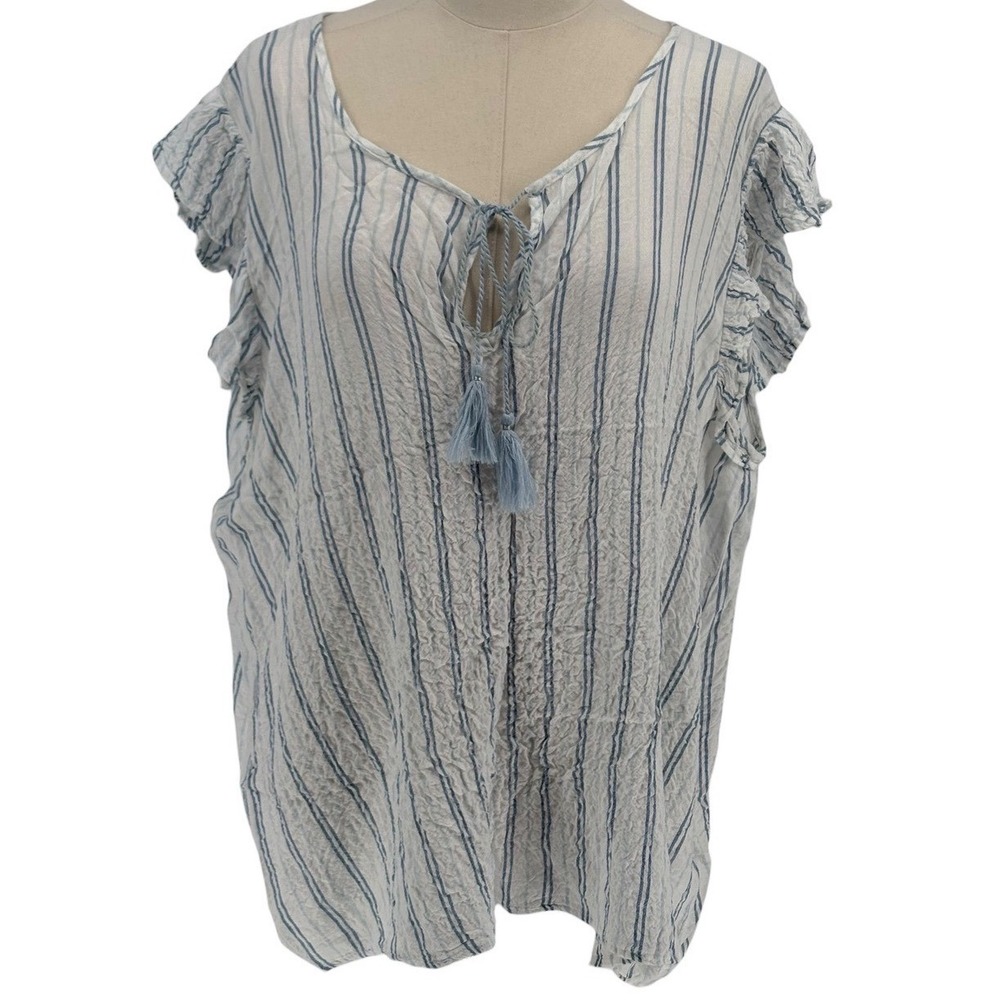 Jane + Delancey Blouse Blue White Striped Ruffle Tassel Tie Neck XL